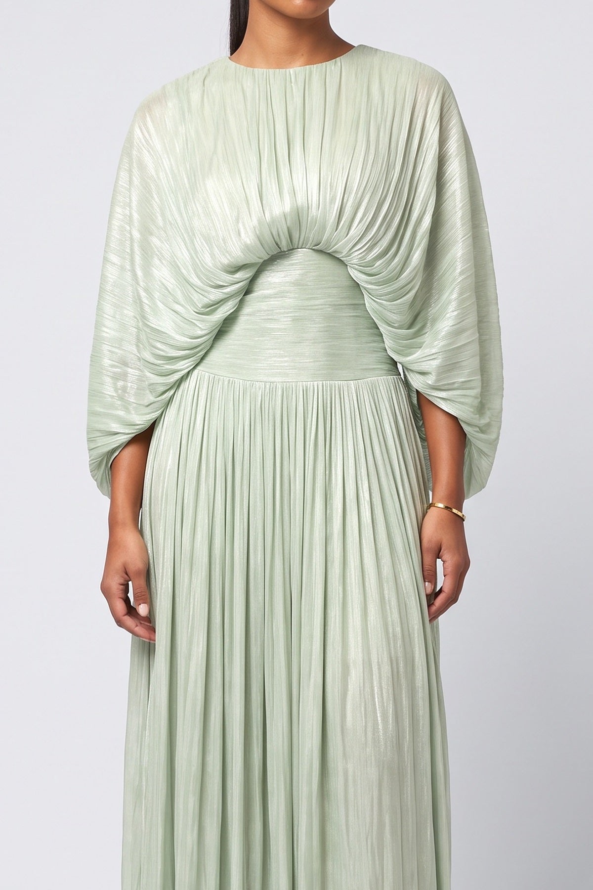 Green Batwing Sleeve Pleated Maxi Dress, fabric detail