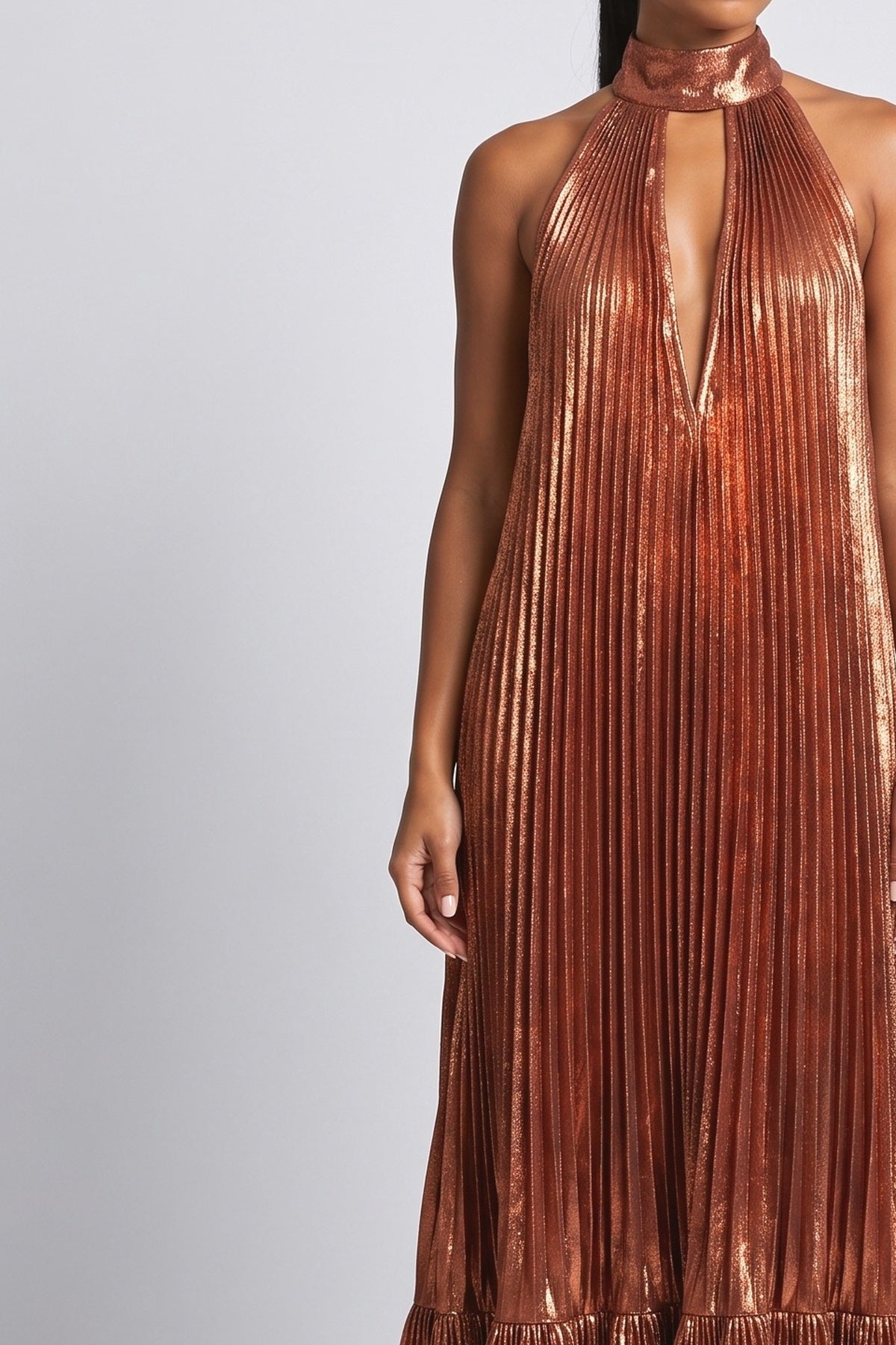 Brown Halter Neck Pleated Maxi Dress, fabric detail