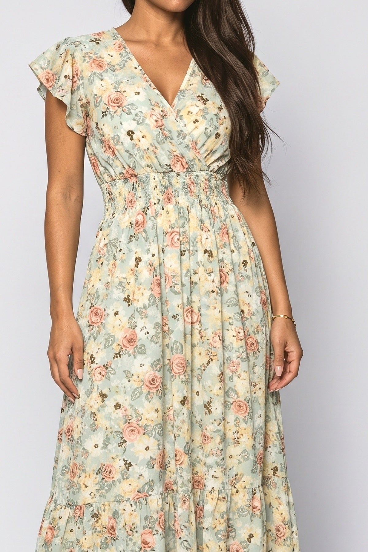 V-Neck Floral Midi Dress, fabric detail