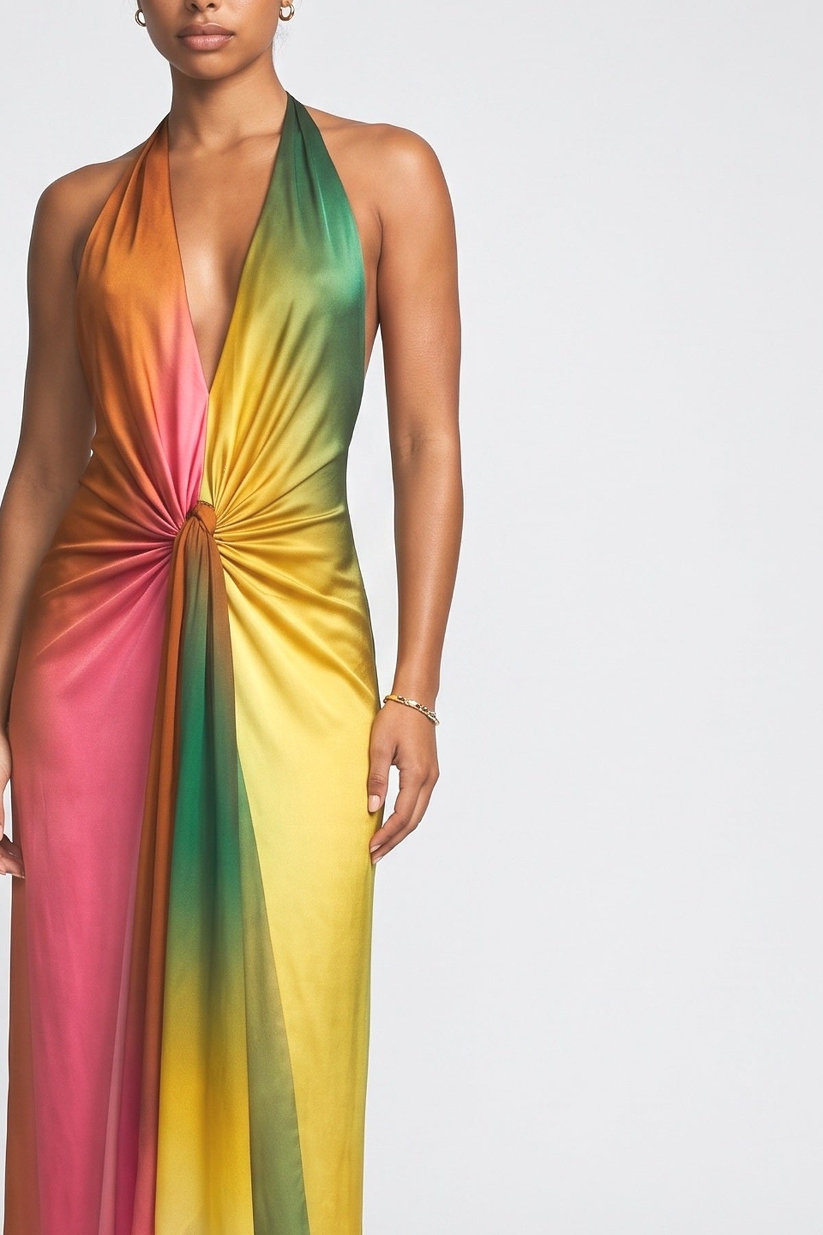 Vibrant Deep V-Neck Backless Maxi Dress, fabric detail