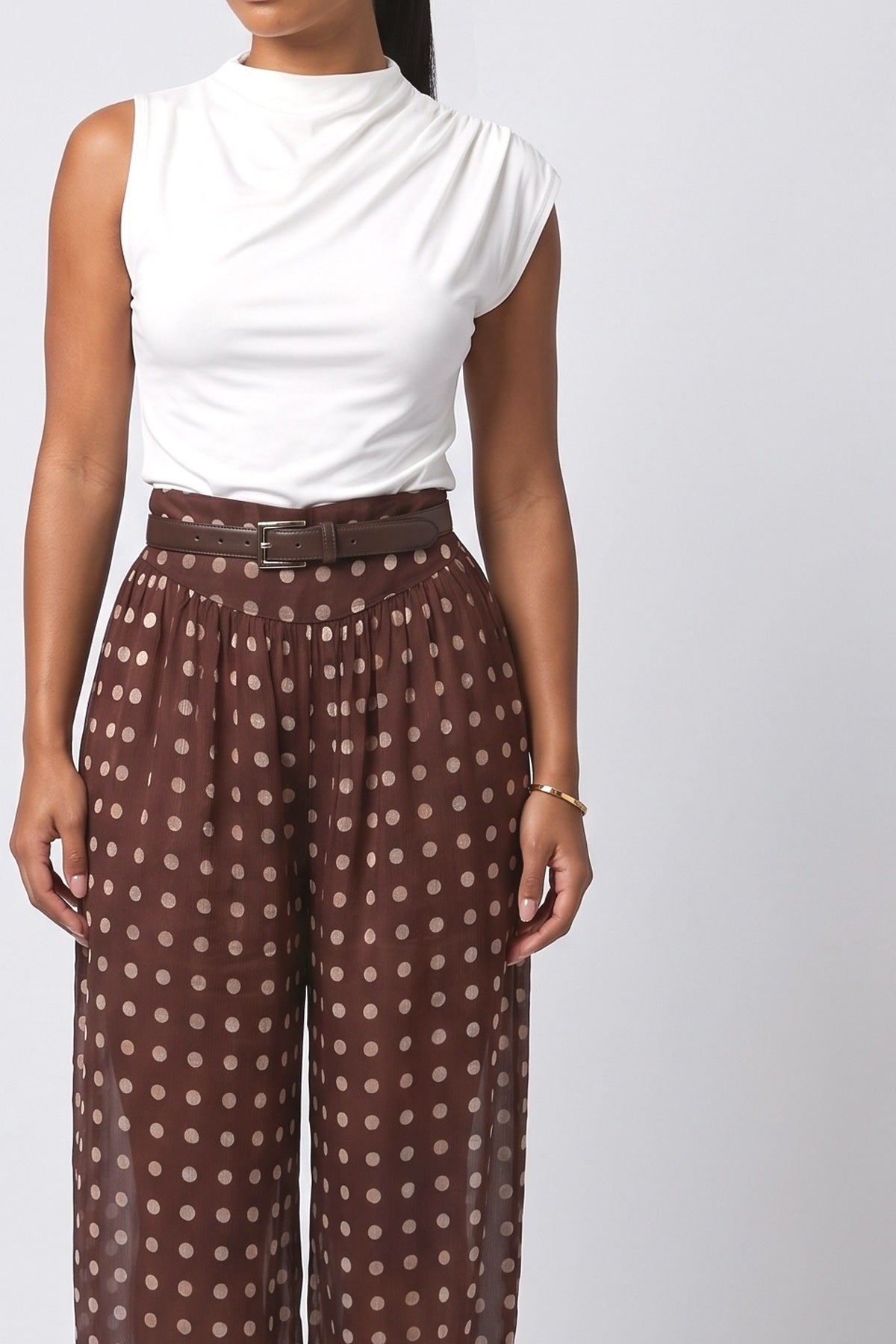 Brown Polka Dot Chiffon Outfit Set, fabric detail