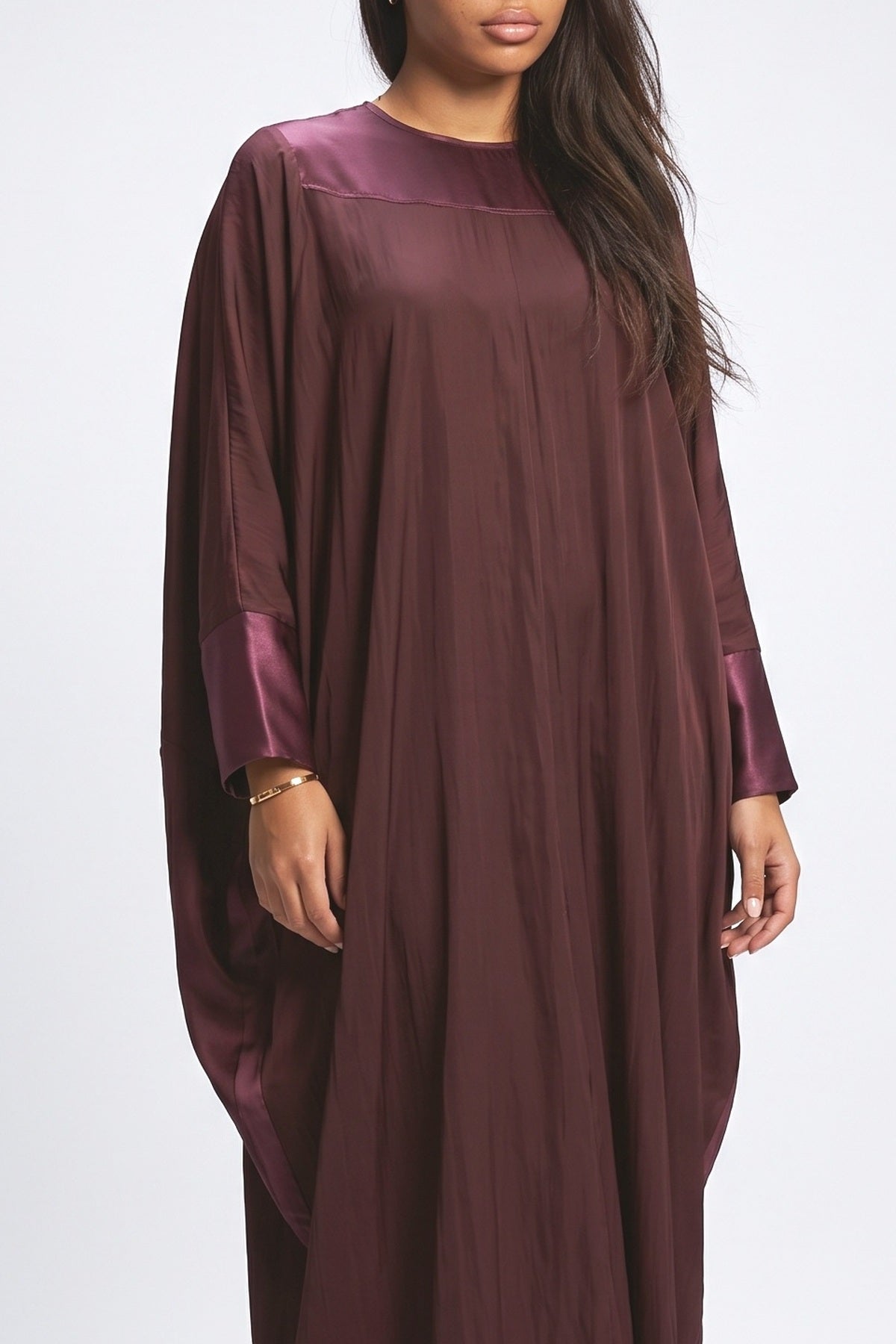 Burgundy Contrast Satin Maxi Kaftan Dress, fabric detail