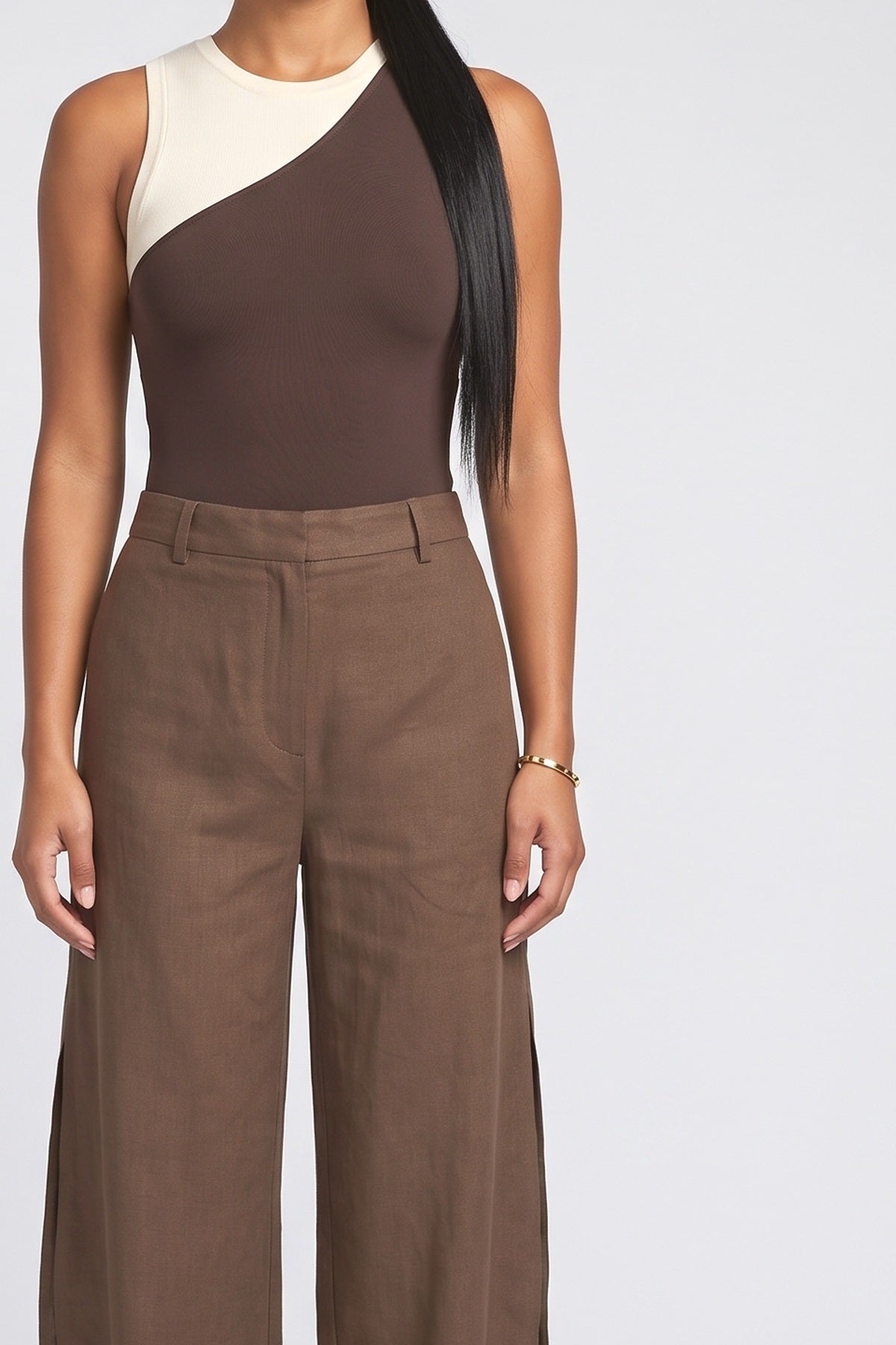 Oblique Collar Off-shoulder Bodysuits and Side Slits Wide Leg Pants Suit- Bodysuits, fabric detail