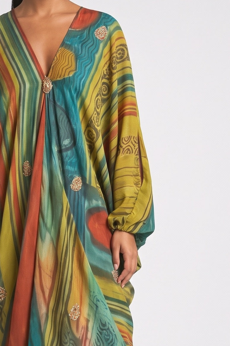 Green Abstract V-Neck Maxi Dress, fabric detail