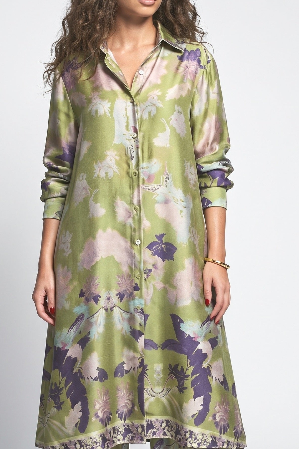 Satin Floral Print Button-down Two-piece Set, fabric detail
