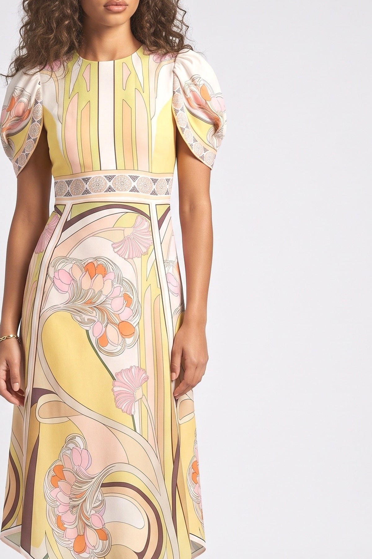 Multicolor Floral Puff Sleeve Asymmetric Midi Dress, fabric detail