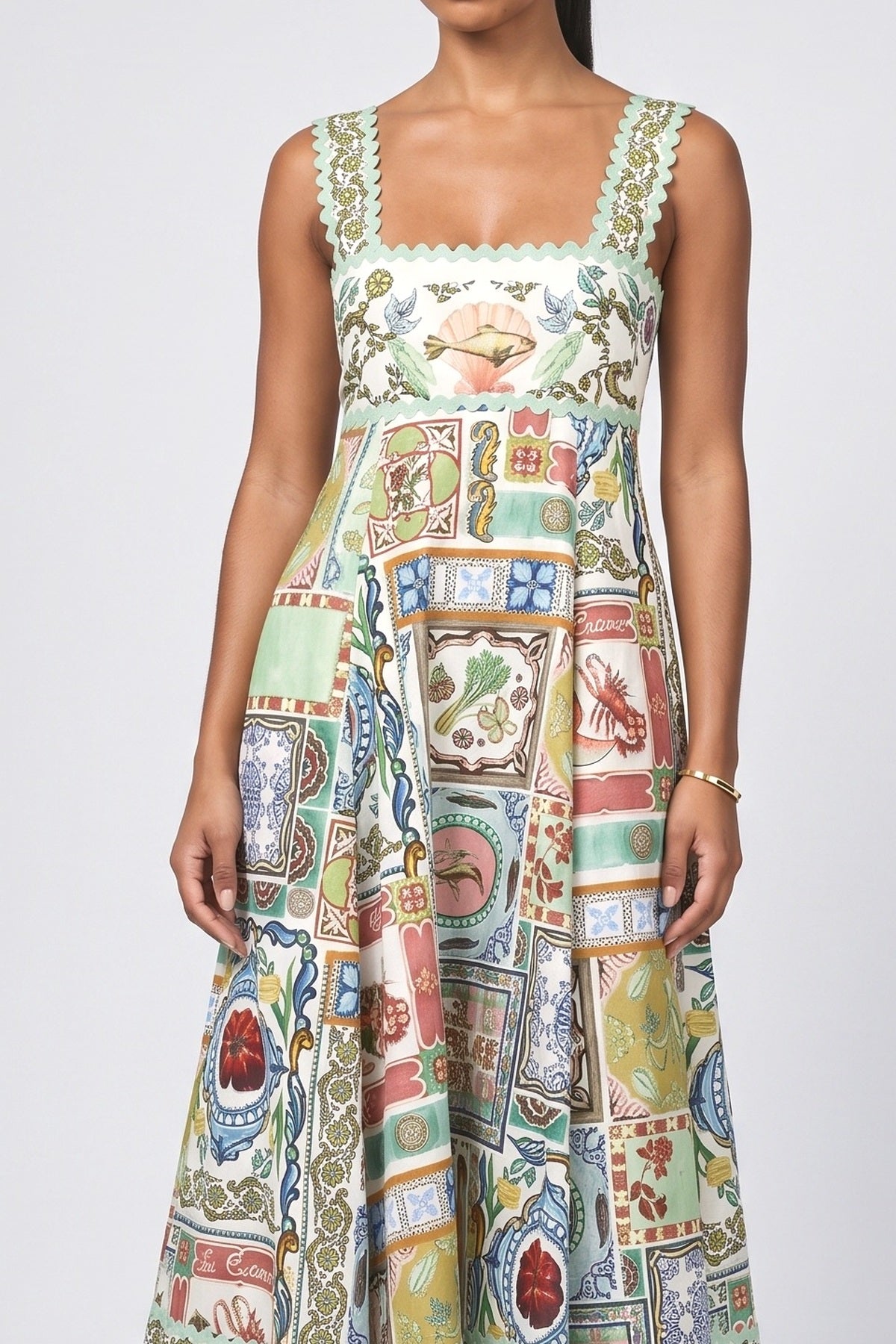 Green Print Square Neck A-Line Midi Dress, fabric detail