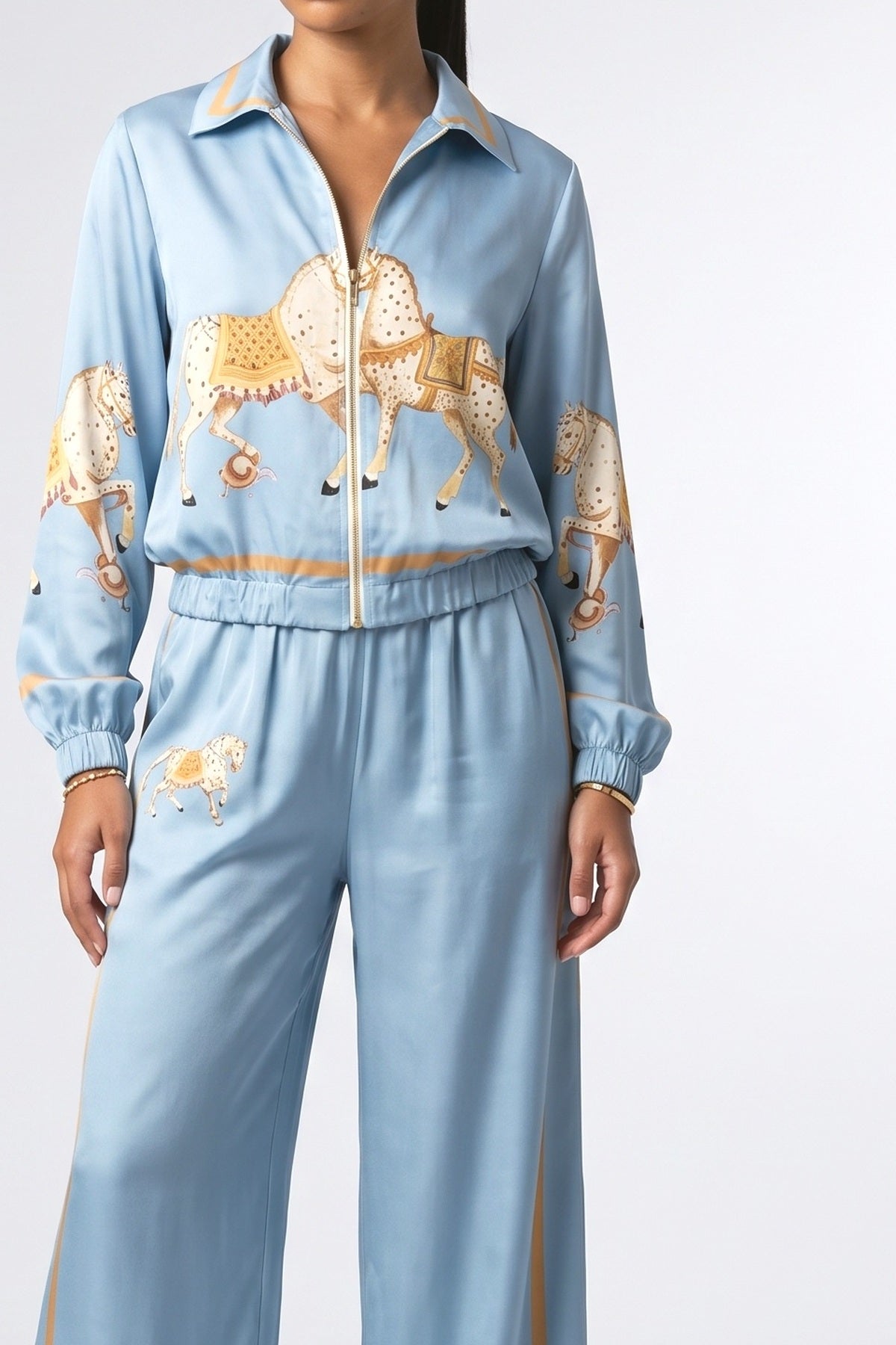 Satin Horse Print Zip-Up Shirt, fabric detail