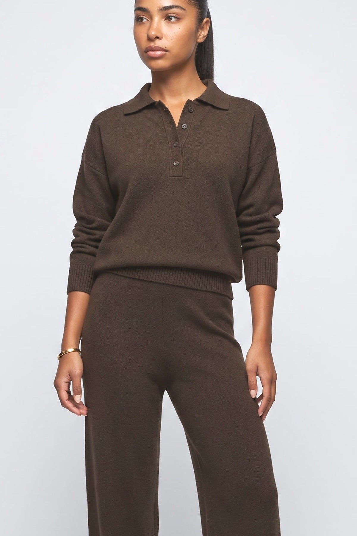 Polo Neck Knitted Pullover Wide Leg Pants Two-Piece Sets, fabric detail