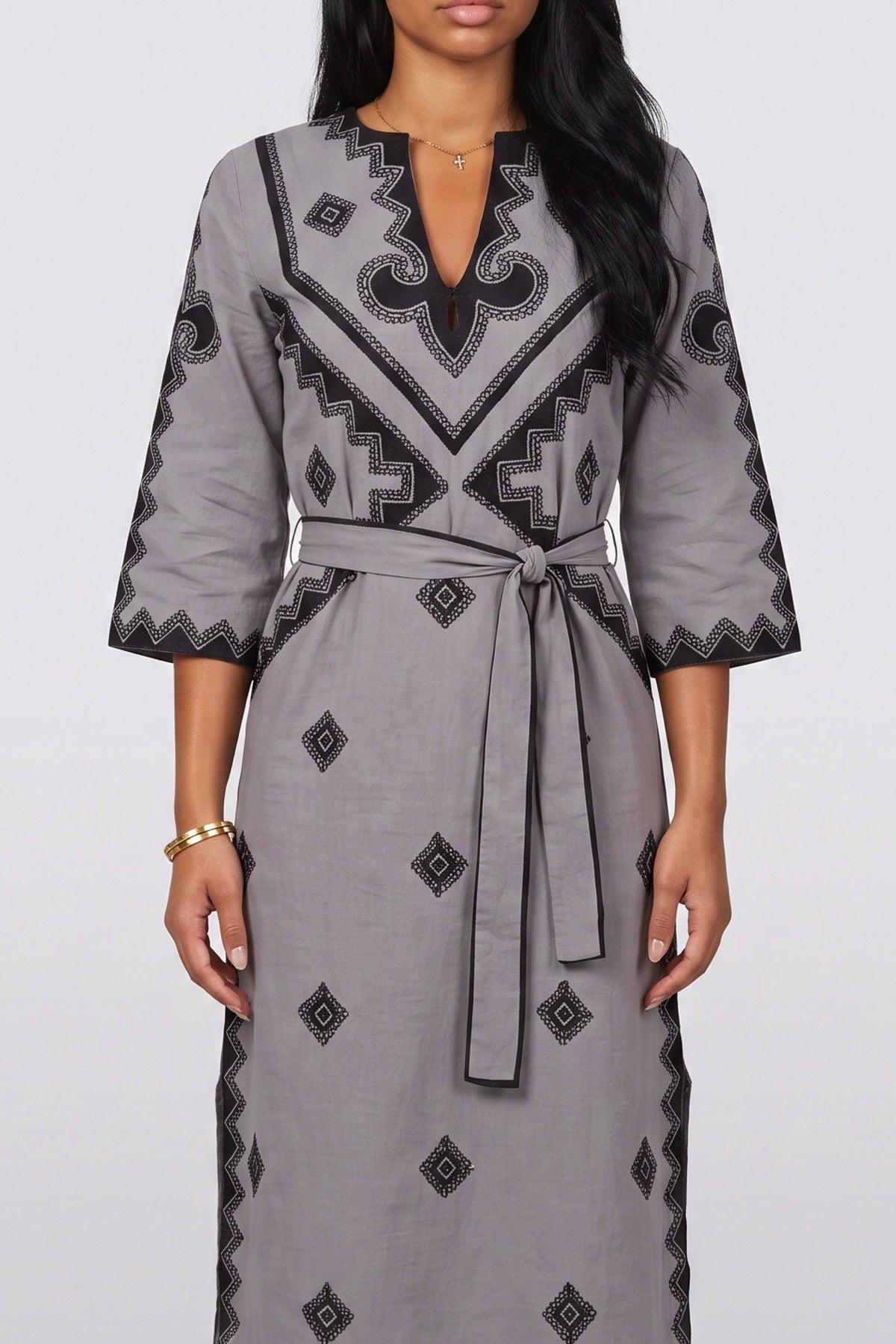 Bohemian Style Print Belted Midi Dress, fabric detail