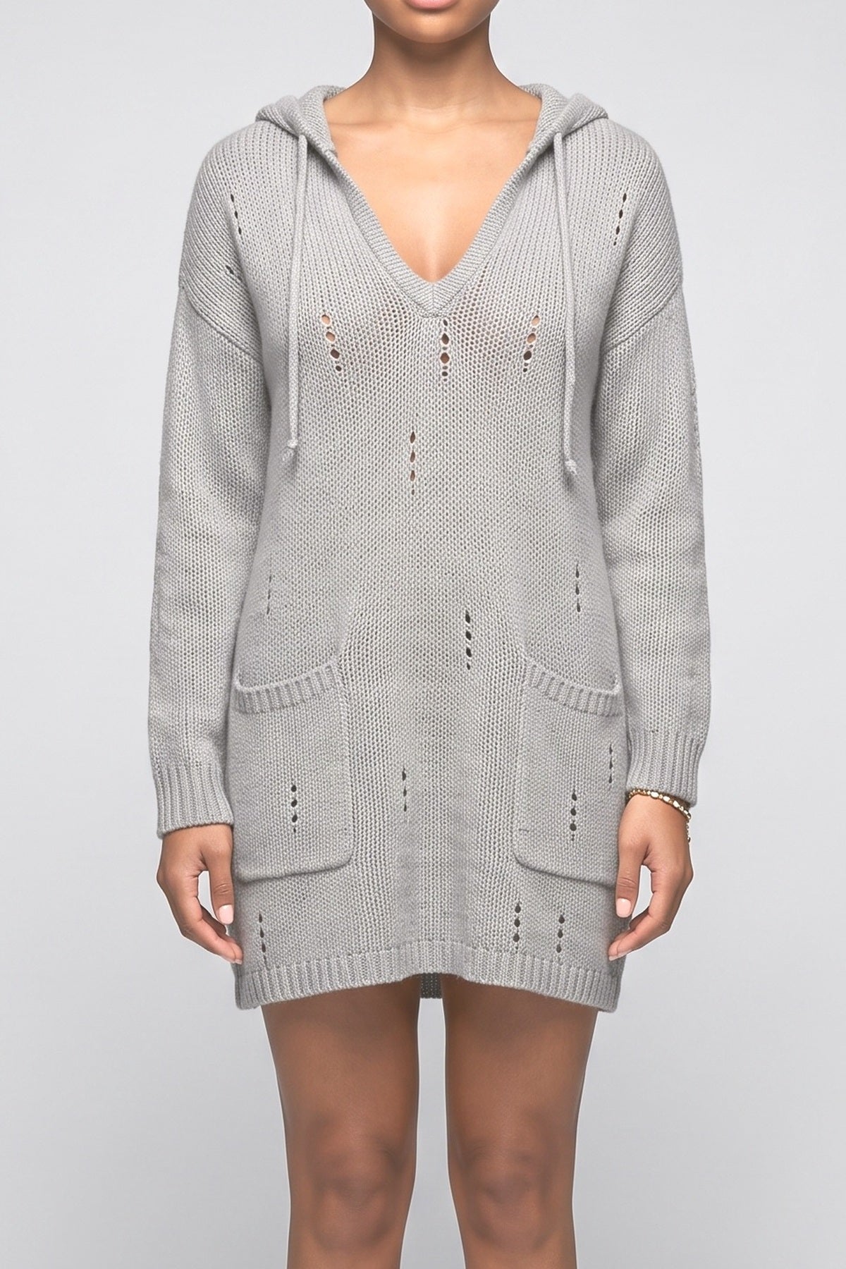 Gray Knit Long Sleeve Mini Dress, fabric detail