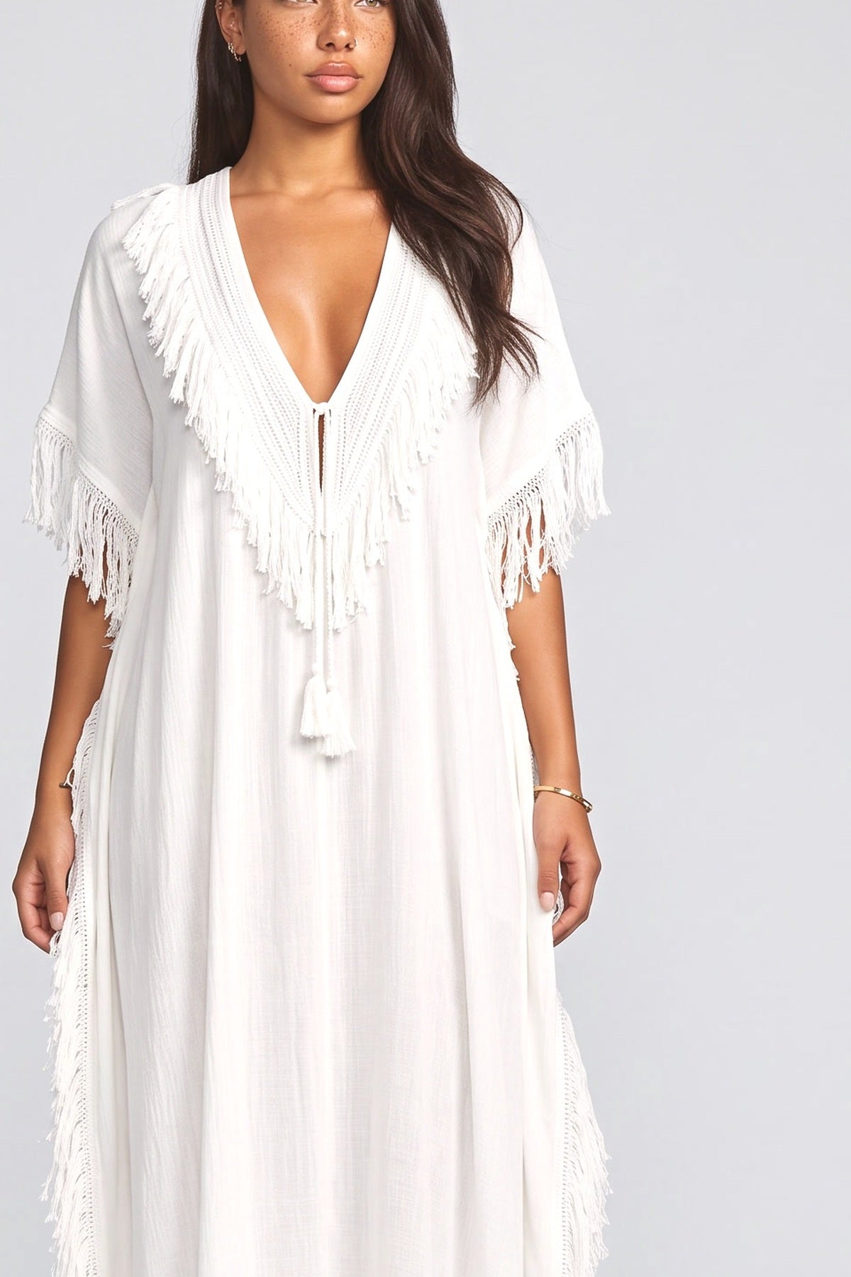 White V-Neck Fringe Maxi Dress, fabric detail