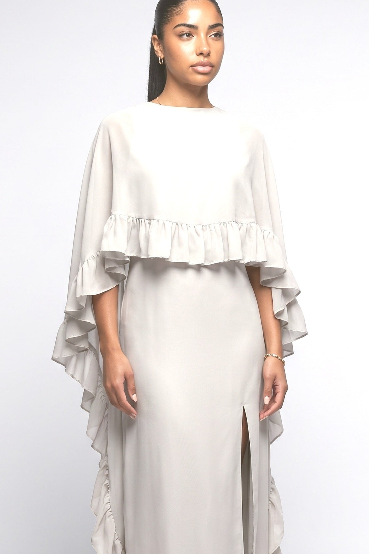 Ruffle Cape Sleeve Slit Maxi Dress, fabric detail