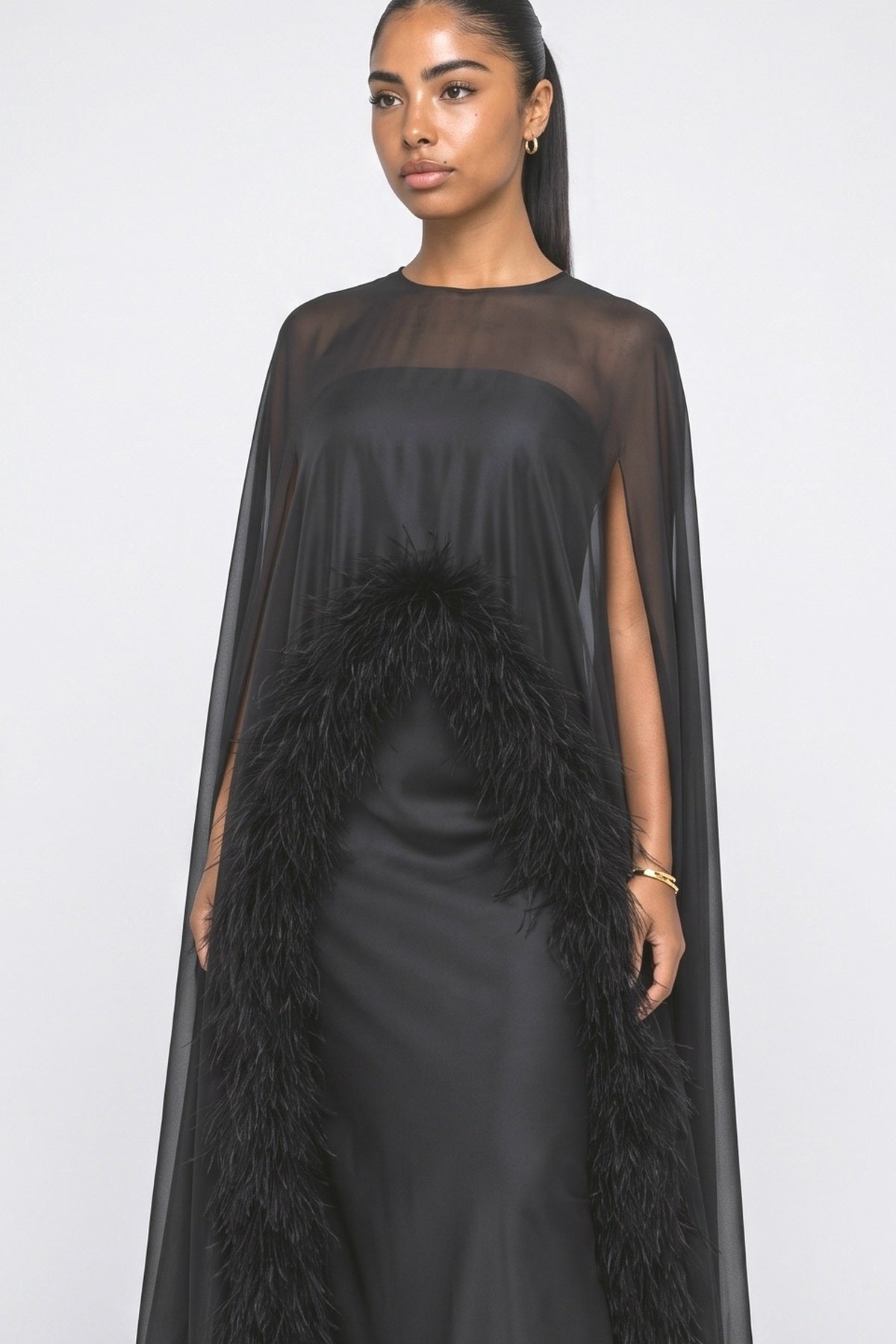 Satin Feather Trim Maxi Dress, fabric detail