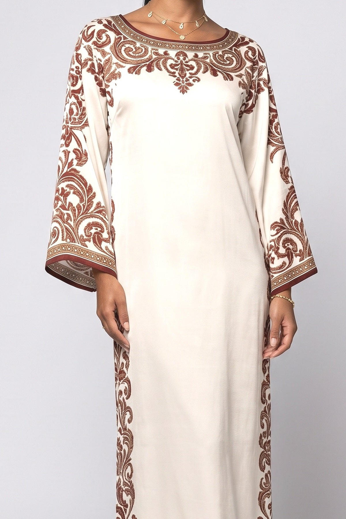 Beige Floral Satin Batwing Sleeve Maxi Dress, fabric detail