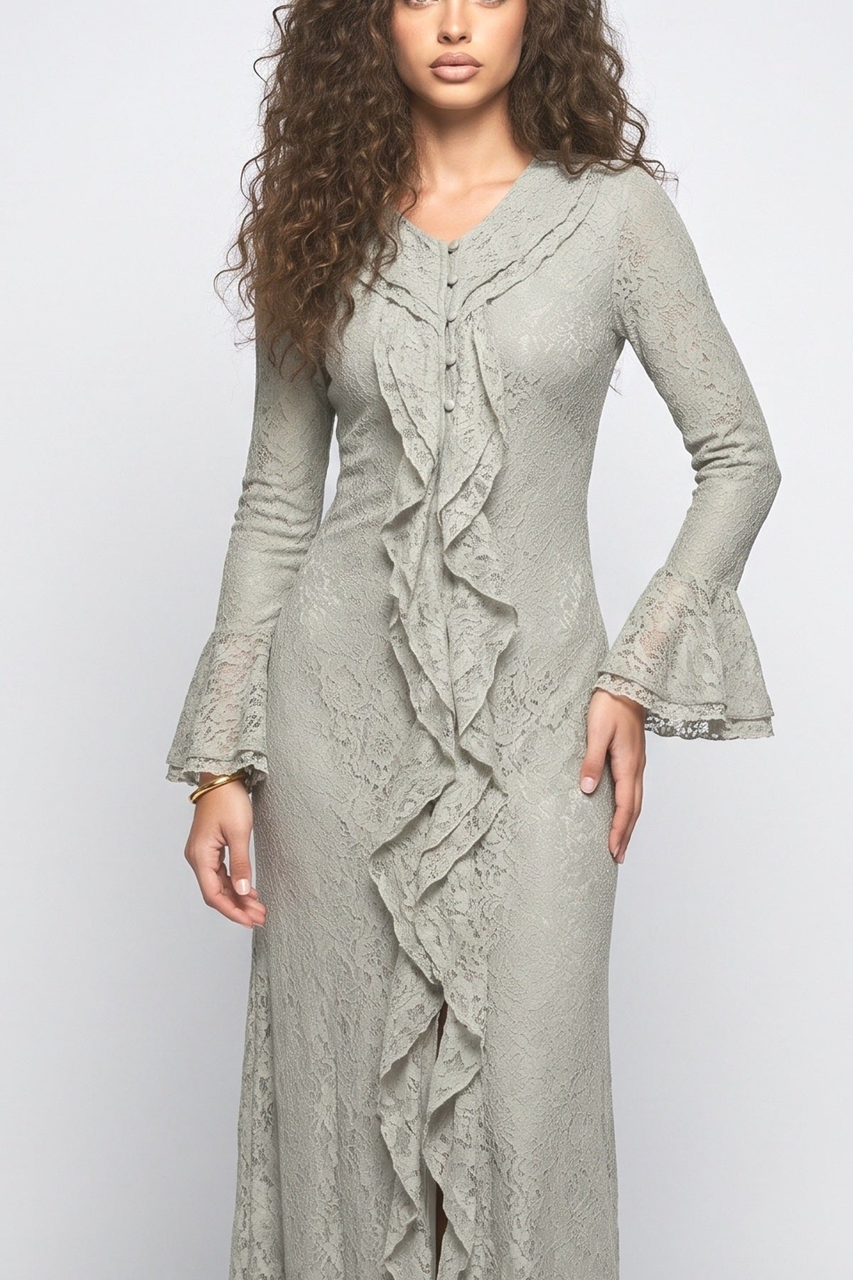 Ruffle Trim Long Sleeve Maxi Dress, fabric detail