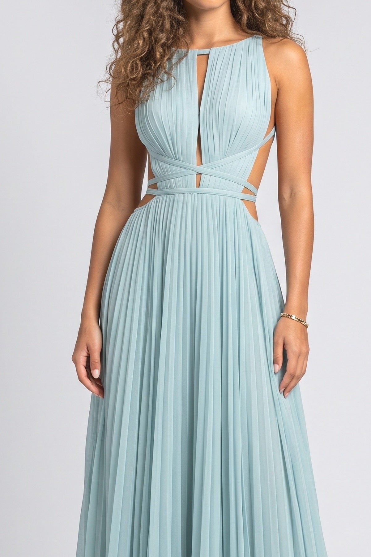 Blue Sleeveless Pleated Maxi Dress, fabric detail