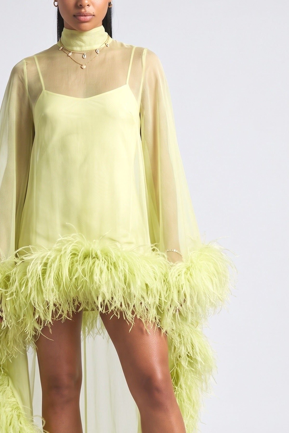 Green Chiffon Feather Trim Mini Dress, fabric detail