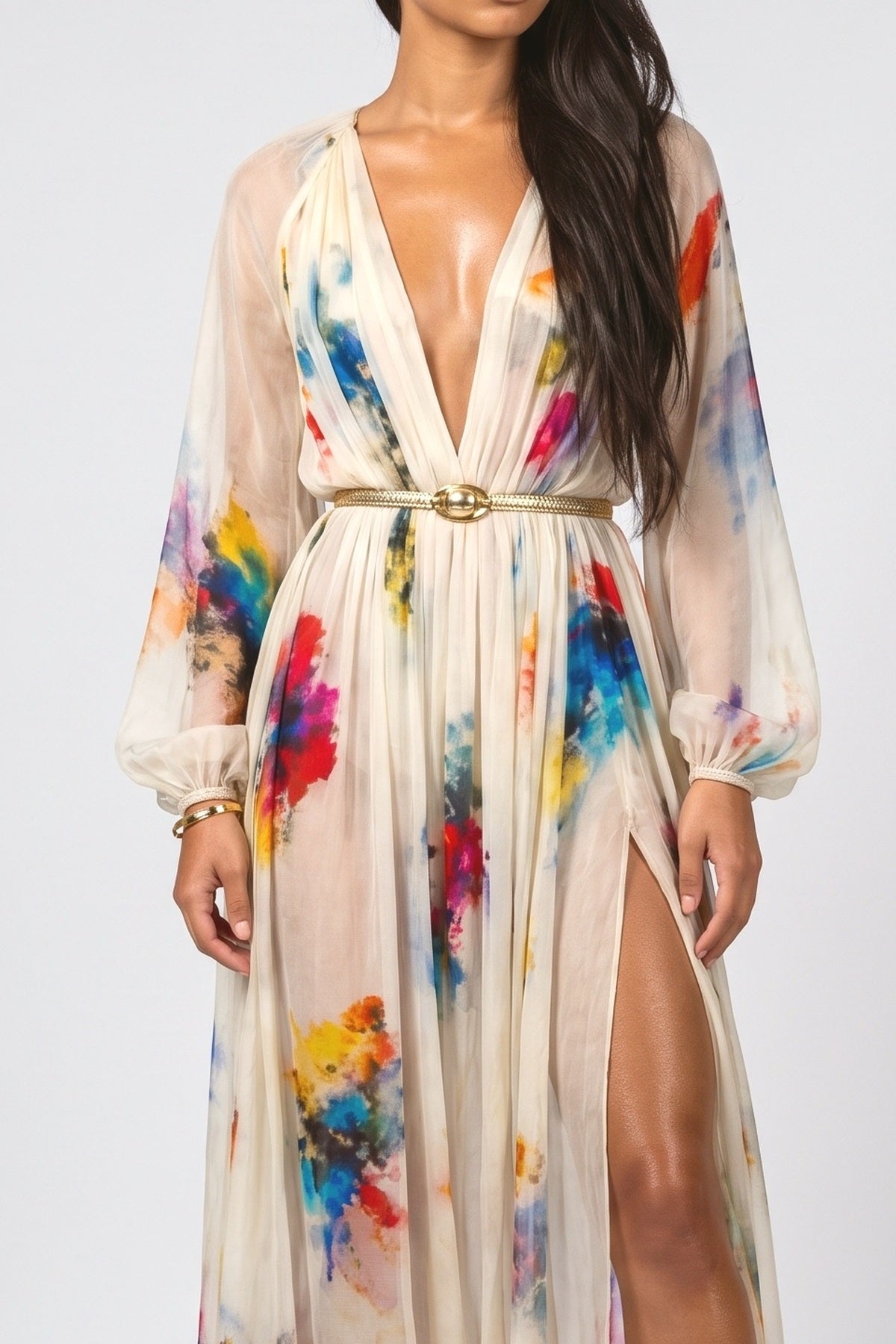 Multicolor Print V-Neck Puff Sleeve Maxi Dress, fabric detail