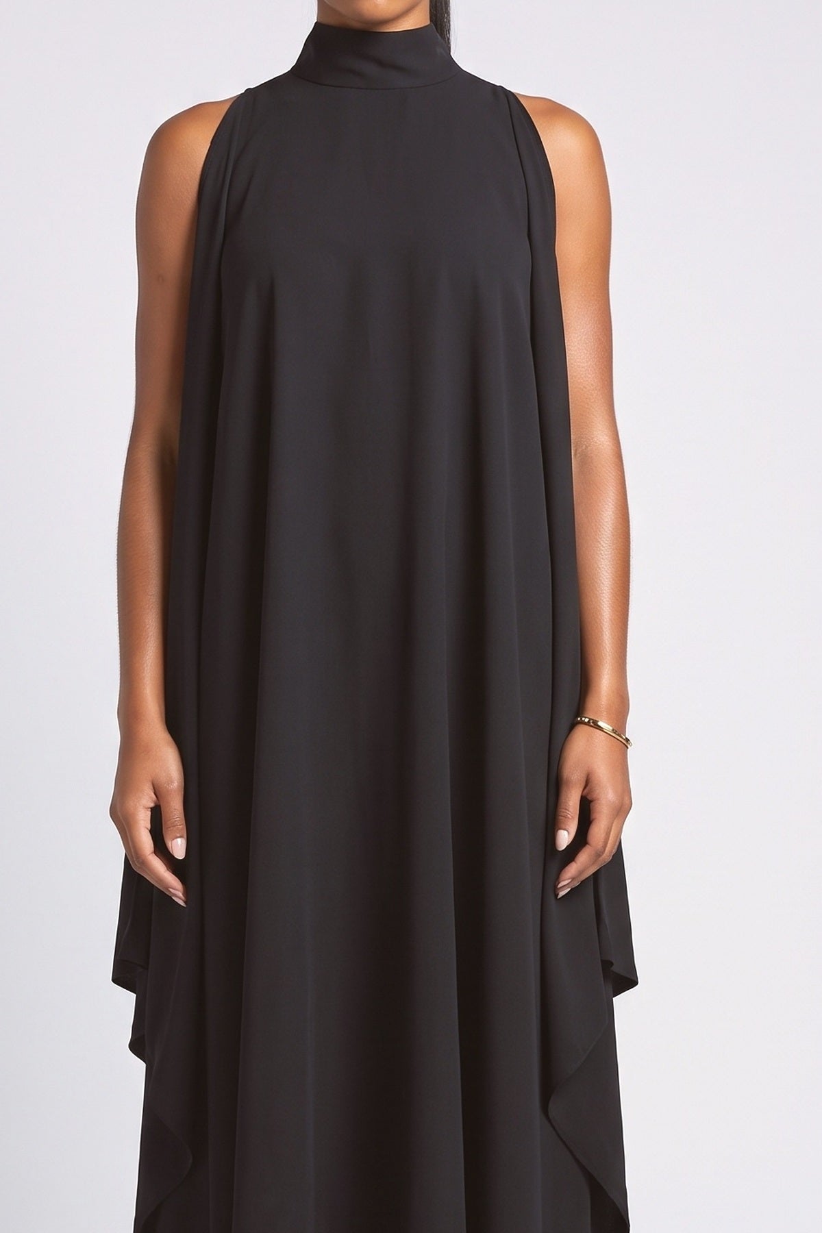 Black High Neck Sleeveless Draped Midi Dress, fabric detail