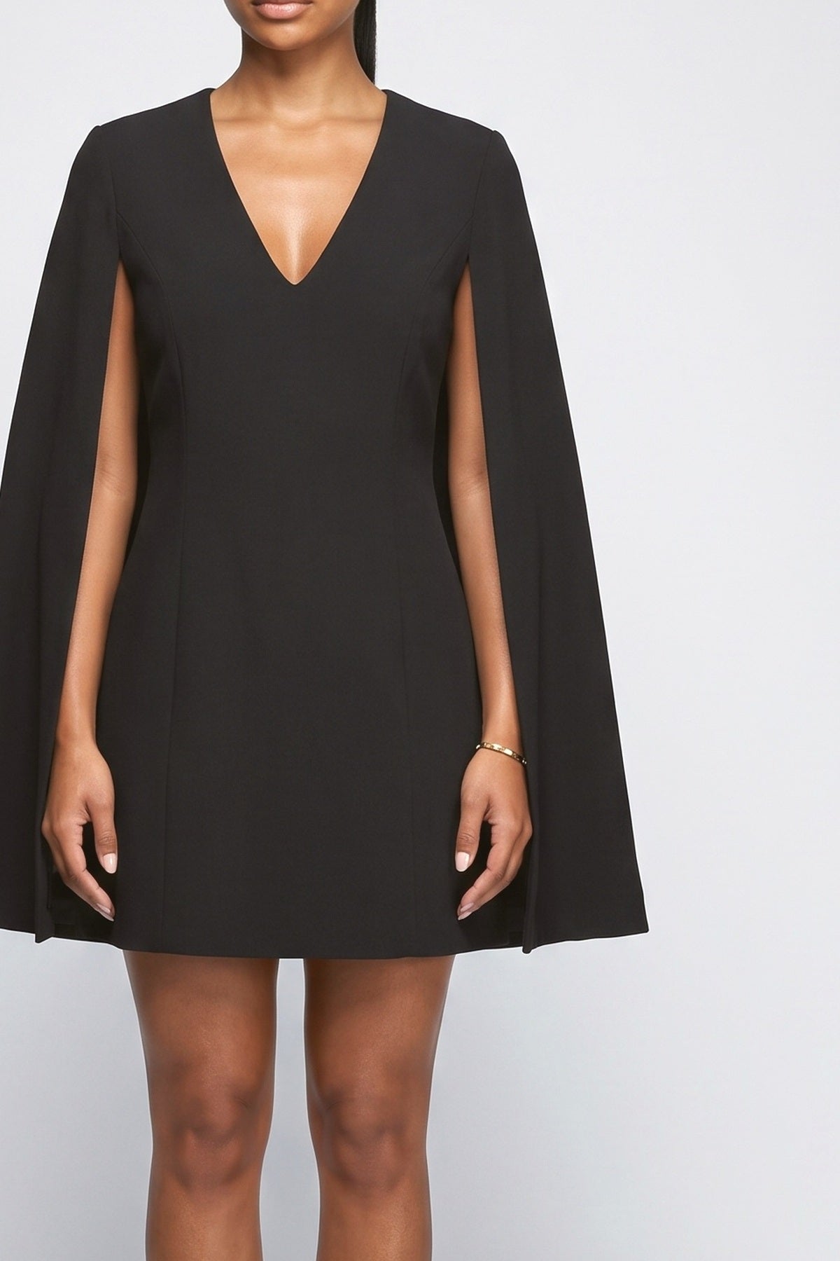Black V-Neck Cape Mini Dress, fabric detail