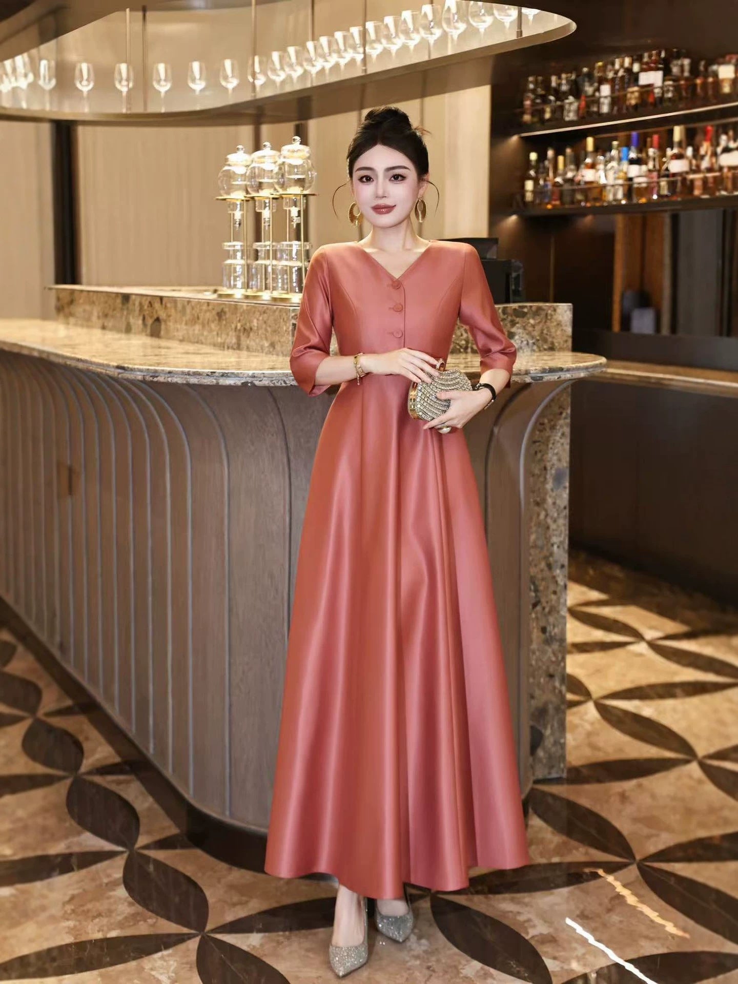 Blue V-Neck Ball Gown Long Prom Dress