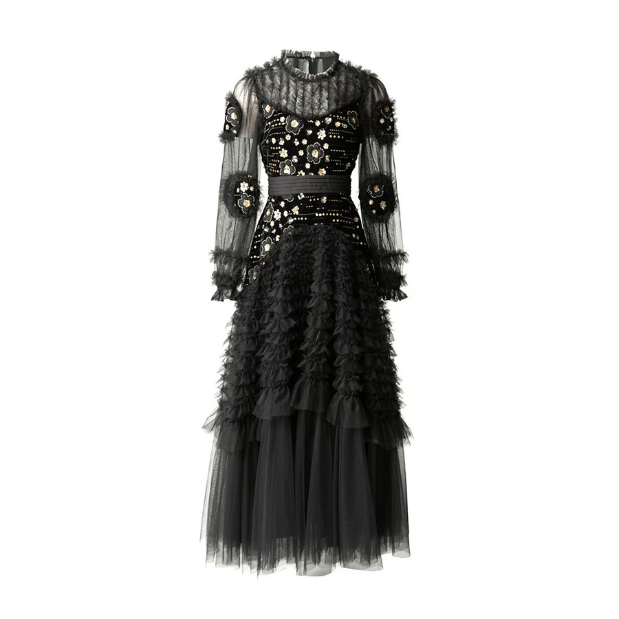 Black Tulle Long Sleeve Long Prom Dress