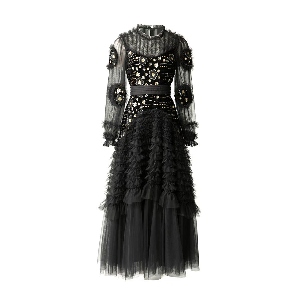 Black Tulle Long Sleeve Long Prom Dress