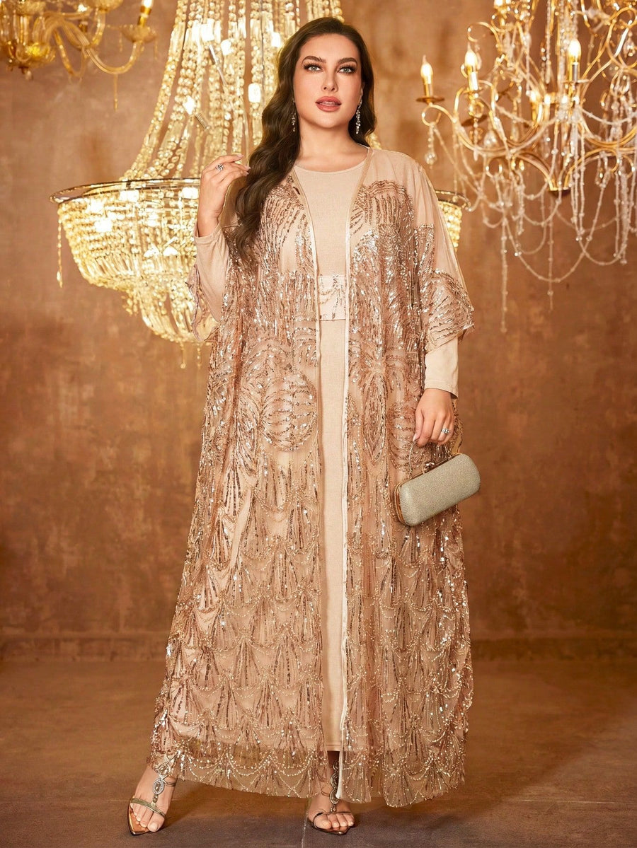 Champagne Sequin Embroidered Plus Size Formal Dress