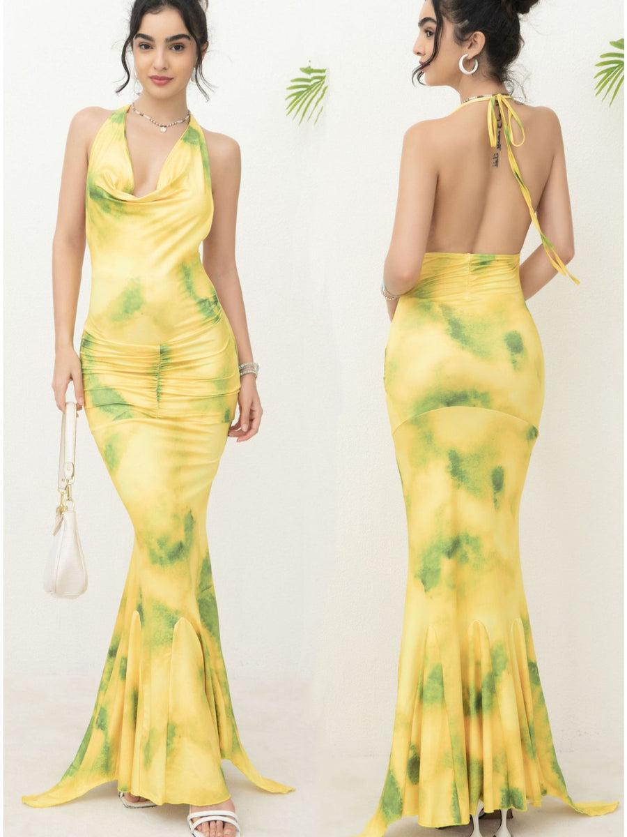Yellow Halter Spaghetti Strap Long Prom Dress