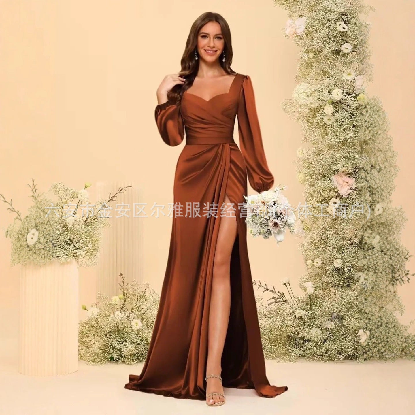 Satin V-Neck Slit Bridesmaid Dress