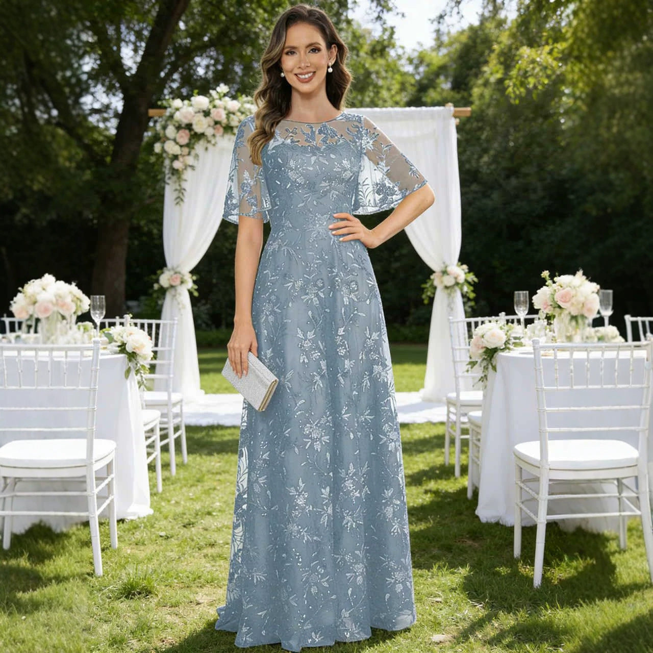 Tulle Lace Round Neck Plus Size Formal Dress