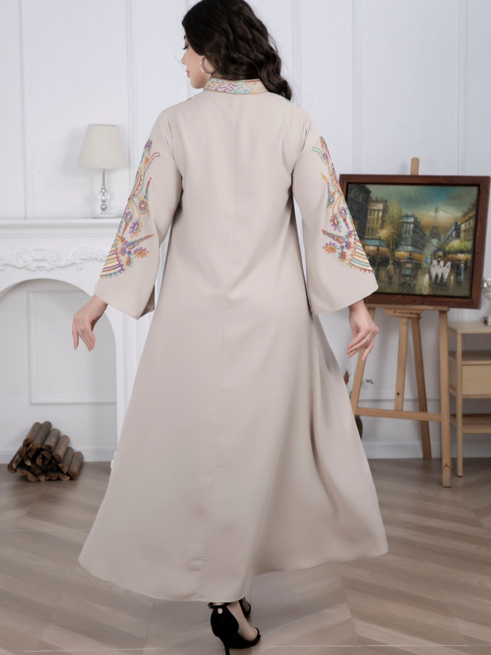 Khaki Embroidered Long Prom Dress