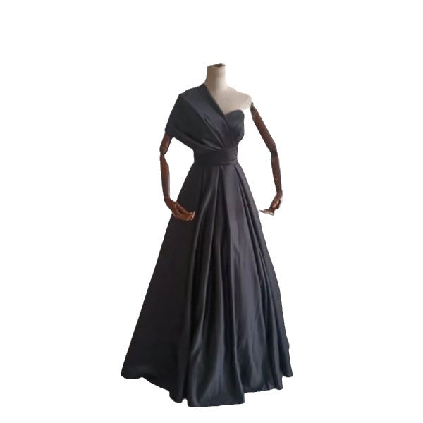 Black Satin One-Shoulder Bridesmaid Dress