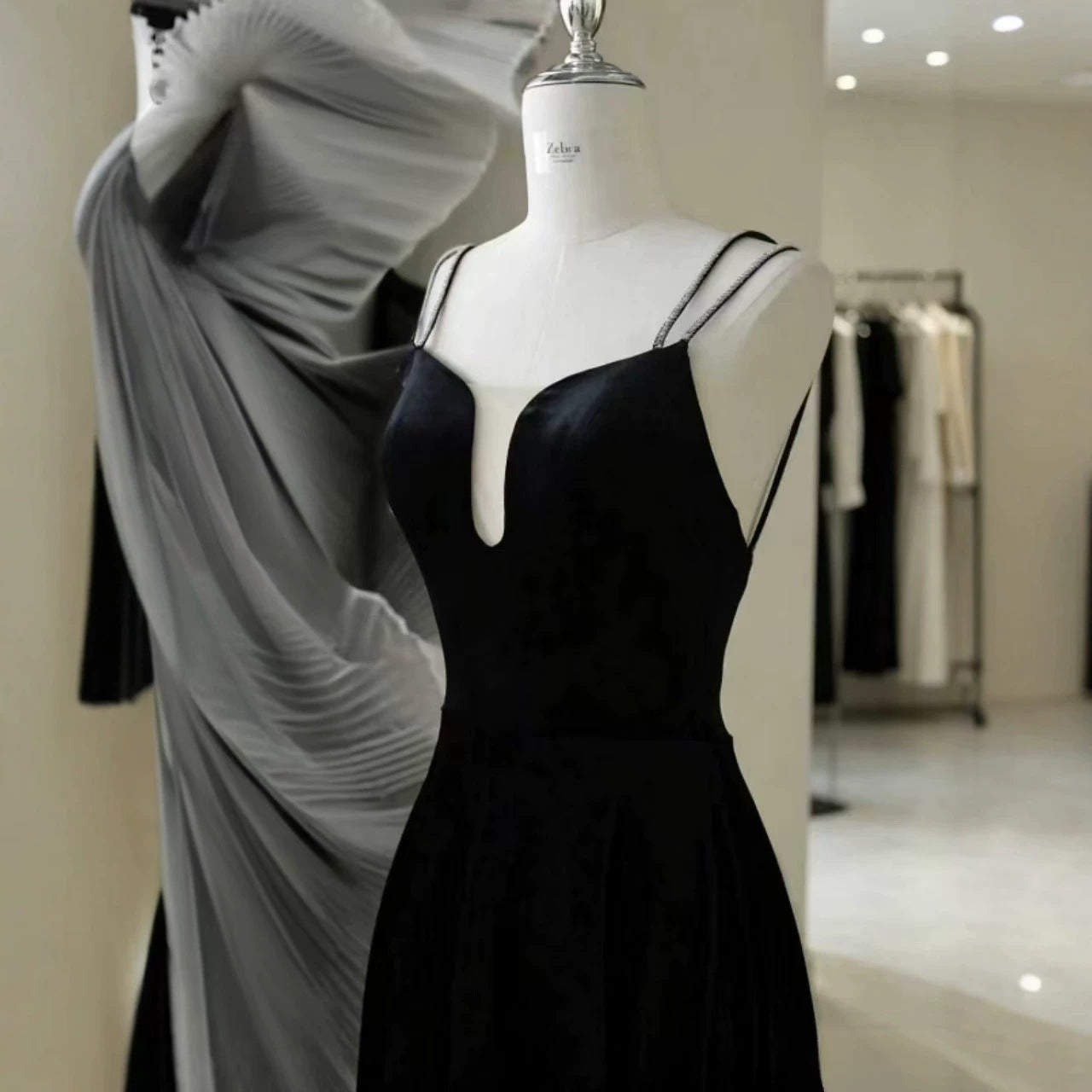 Black Satin V-Neck Bridesmaid Dress