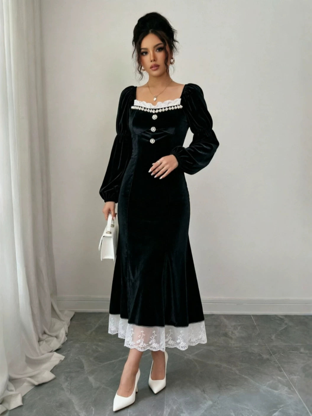 Black Velvet Long Sleeve Long Prom Dress