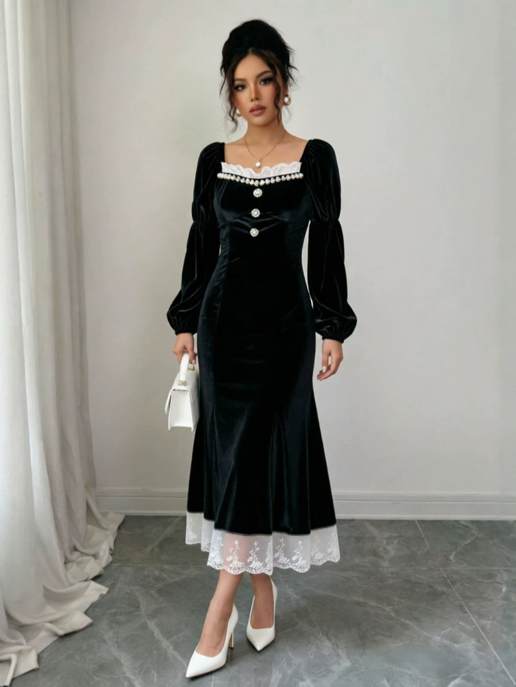 Black Velvet Long Sleeve Long Prom Dress