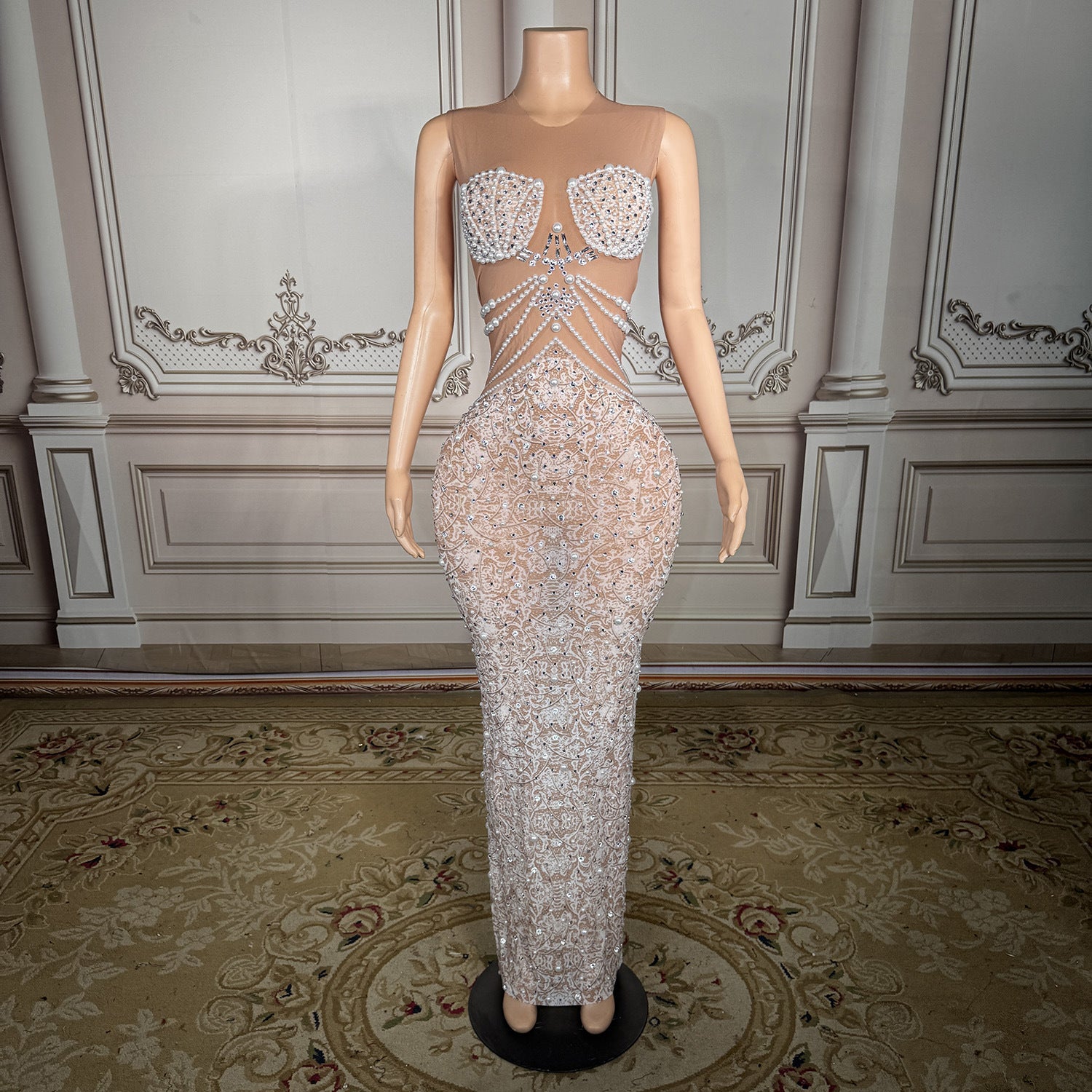 White Rhinestone Pearl Wedding Guest Dress