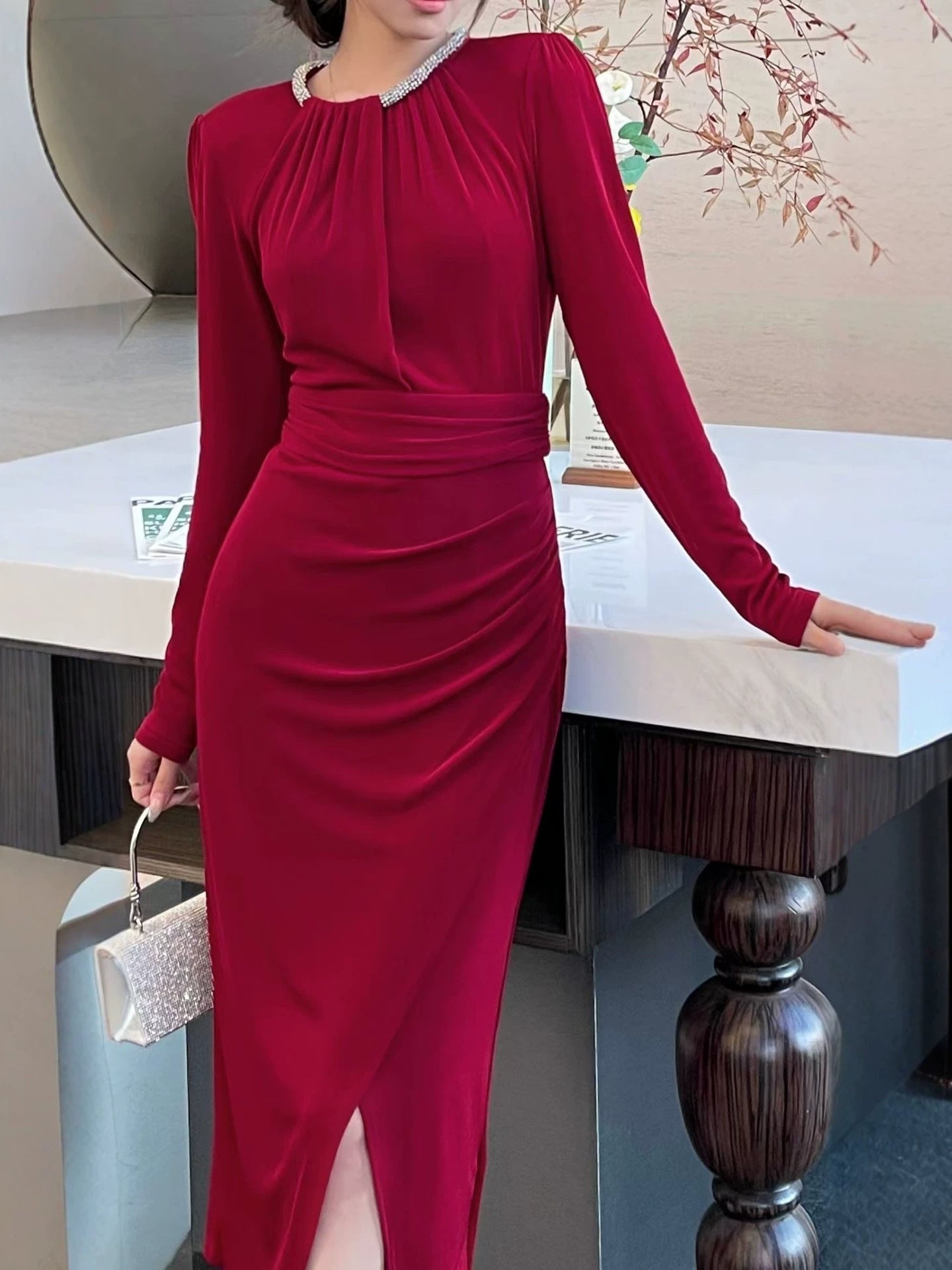 Black Knit Round Neck Long Prom Dress