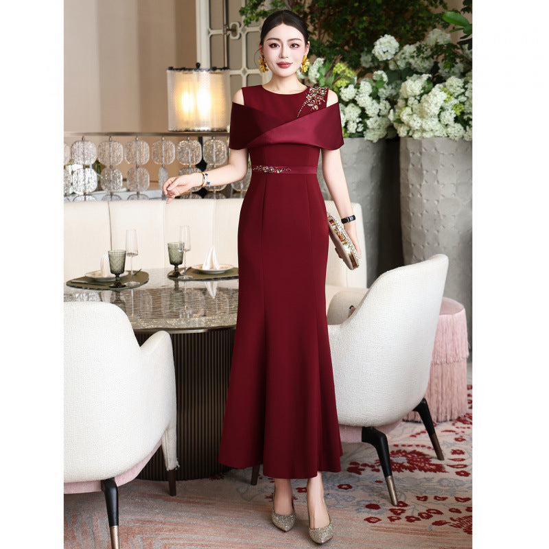 Burgundy Rhinestone Long Prom Dress