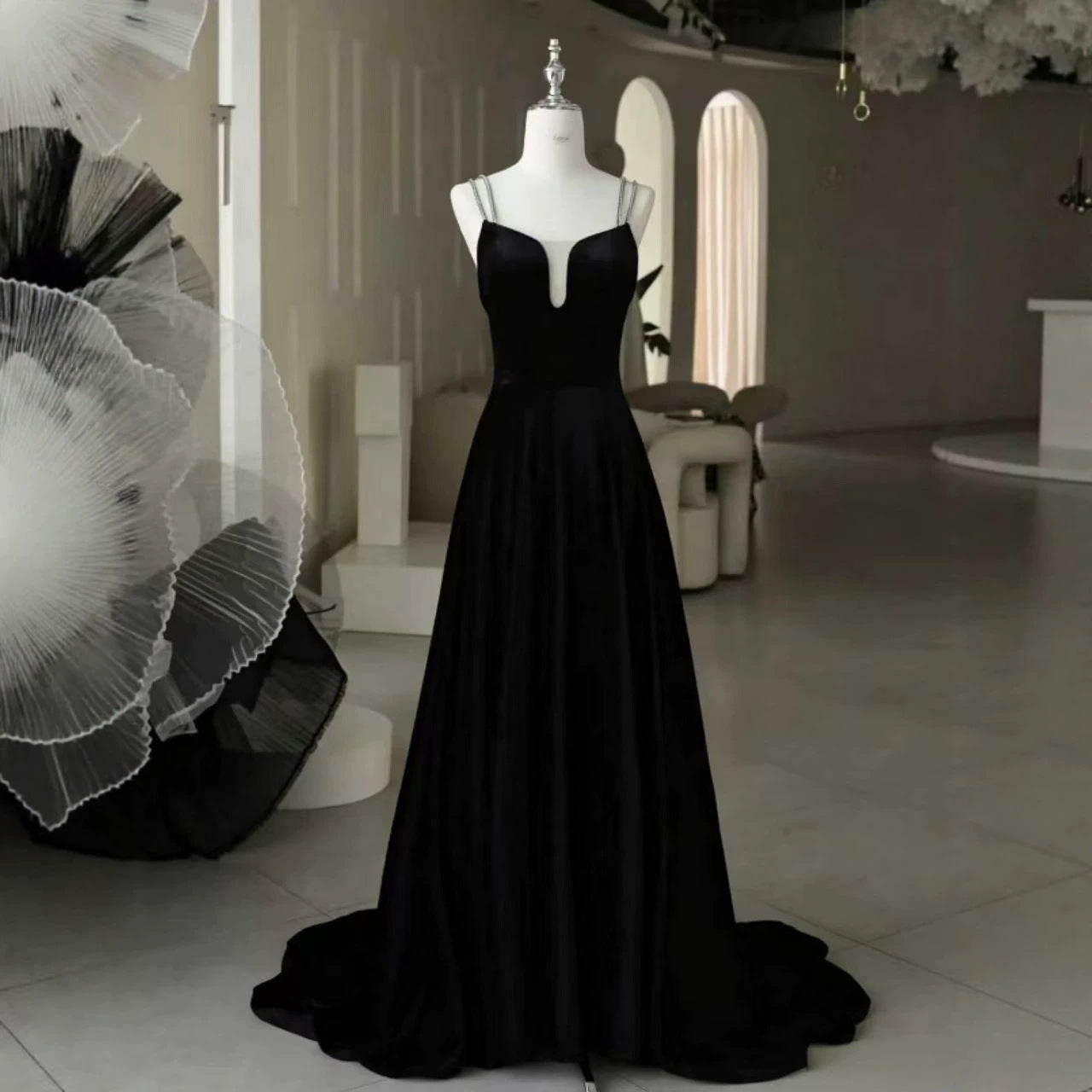 Black Satin V-Neck Bridesmaid Dress
