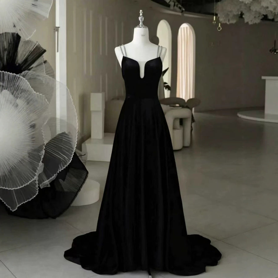 Black Satin V-Neck Bridesmaid Dress