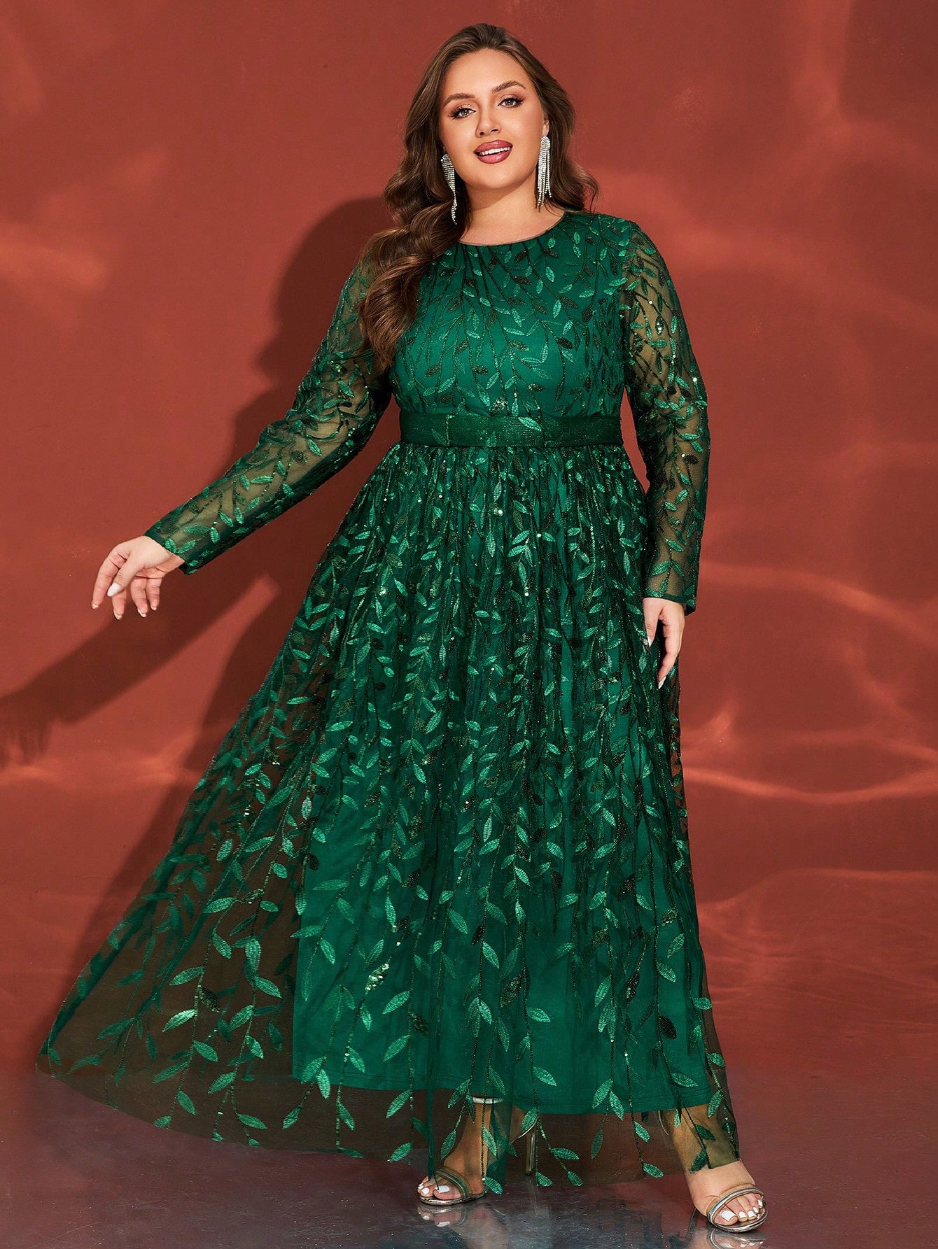 Green Tulle Round Neck Plus Size Formal Dress