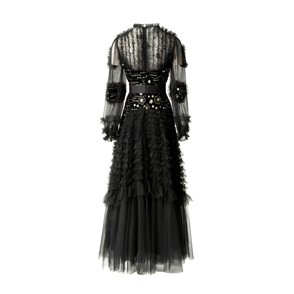 Black Tulle Long Sleeve Long Prom Dress