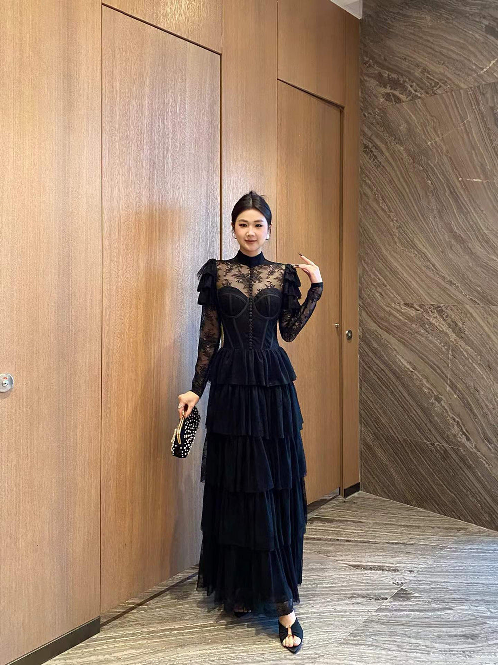 Lace Stand Collar Long Prom Dress