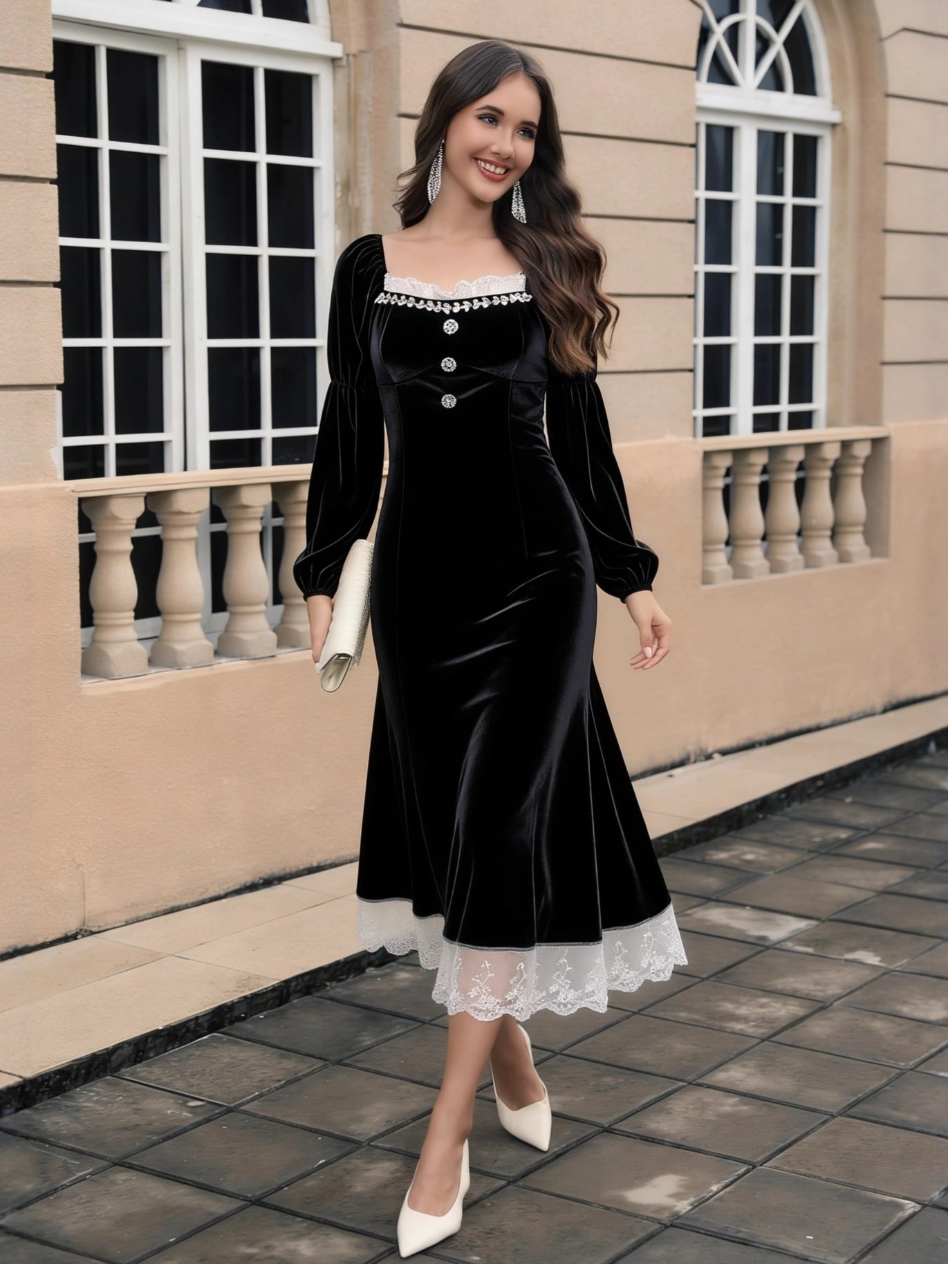 Black Velvet Long Prom Dress