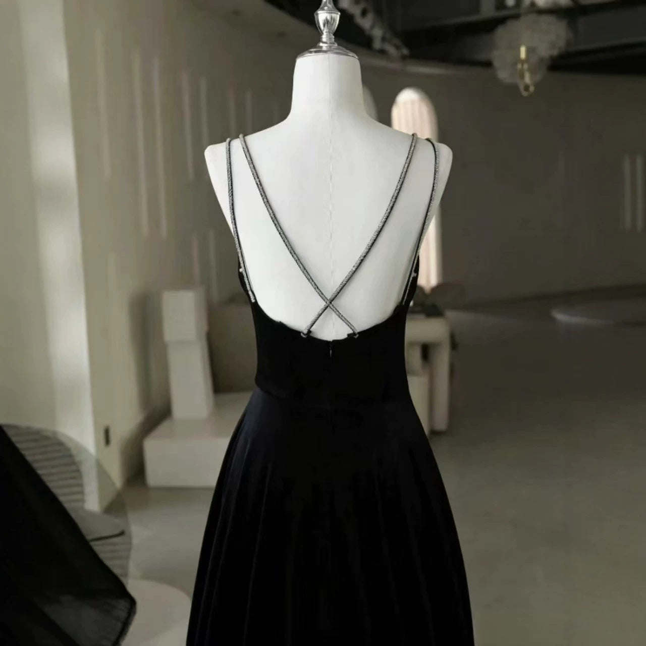 Black Satin V-Neck Bridesmaid Dress