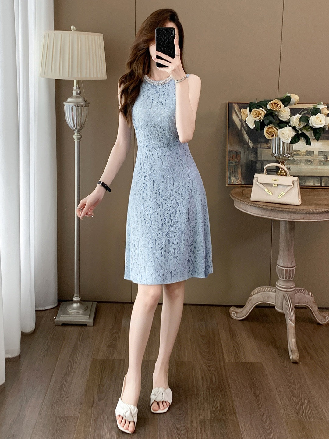 Blue Lace Sleeveless Short Homecoming Dress