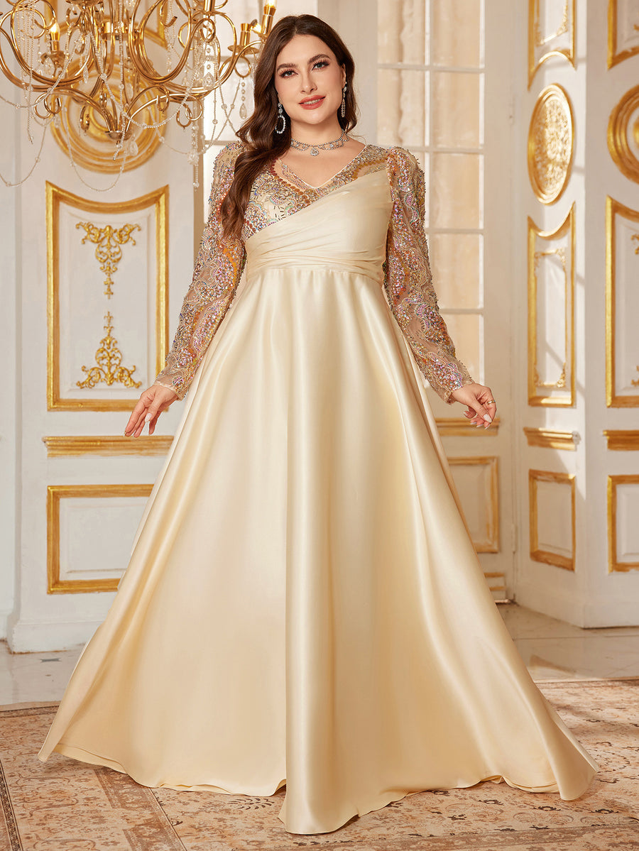 Apricot V-Neck Long Sleeve Plus Size Formal Dress