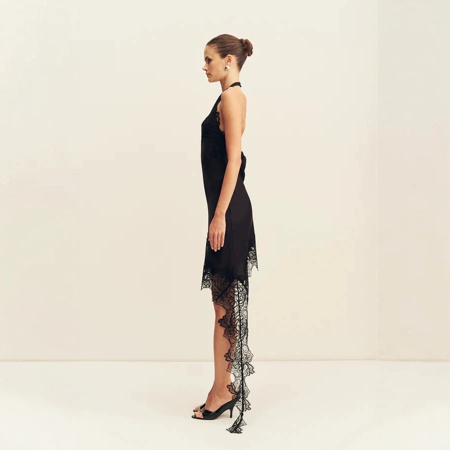 Black Lace Halter Short Homecoming Dress